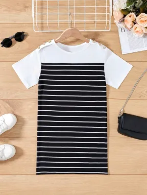 French Striped Mix Match Dress with Button Detail