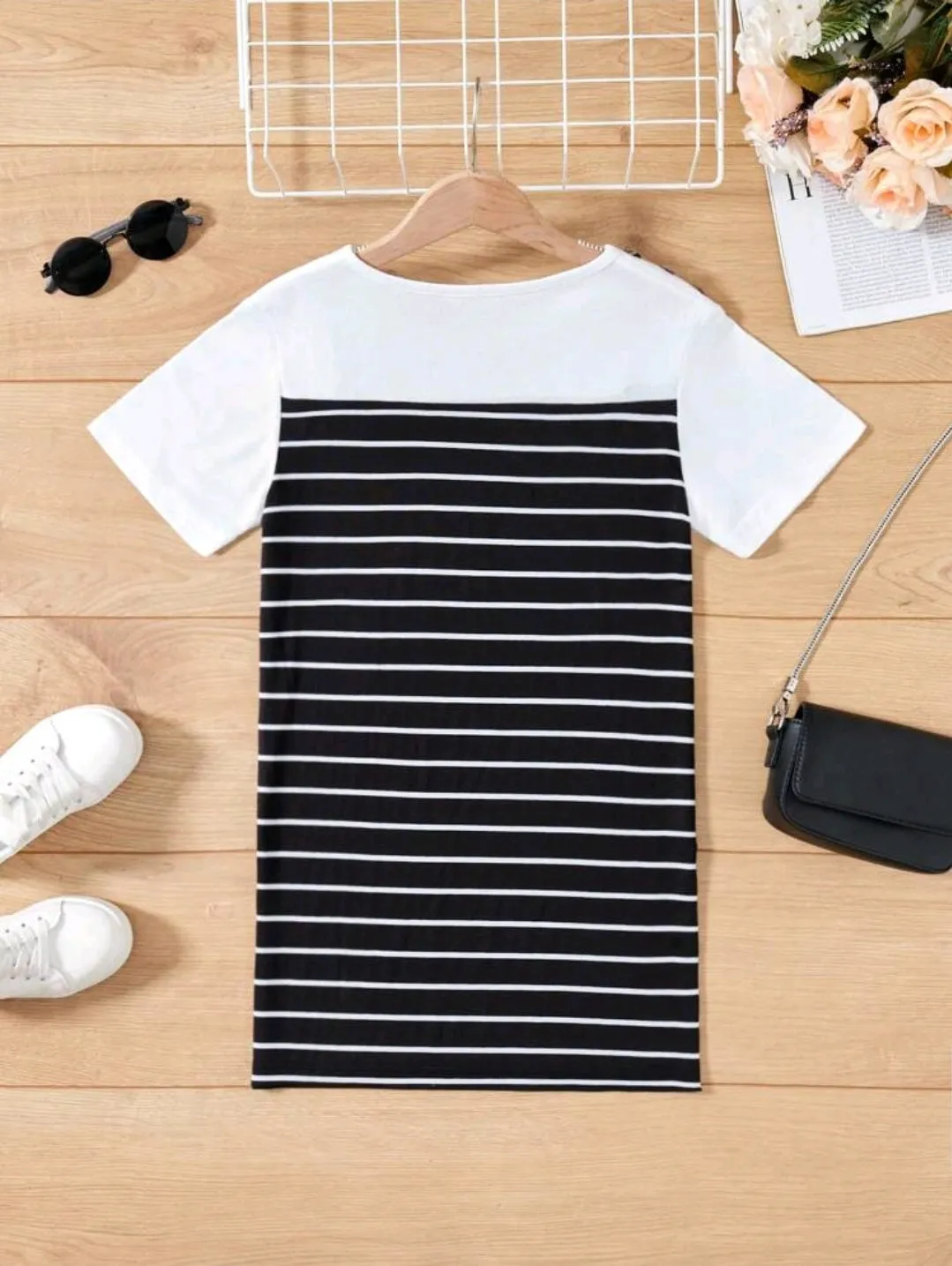 French Striped Mix Match Dress with Button Detail