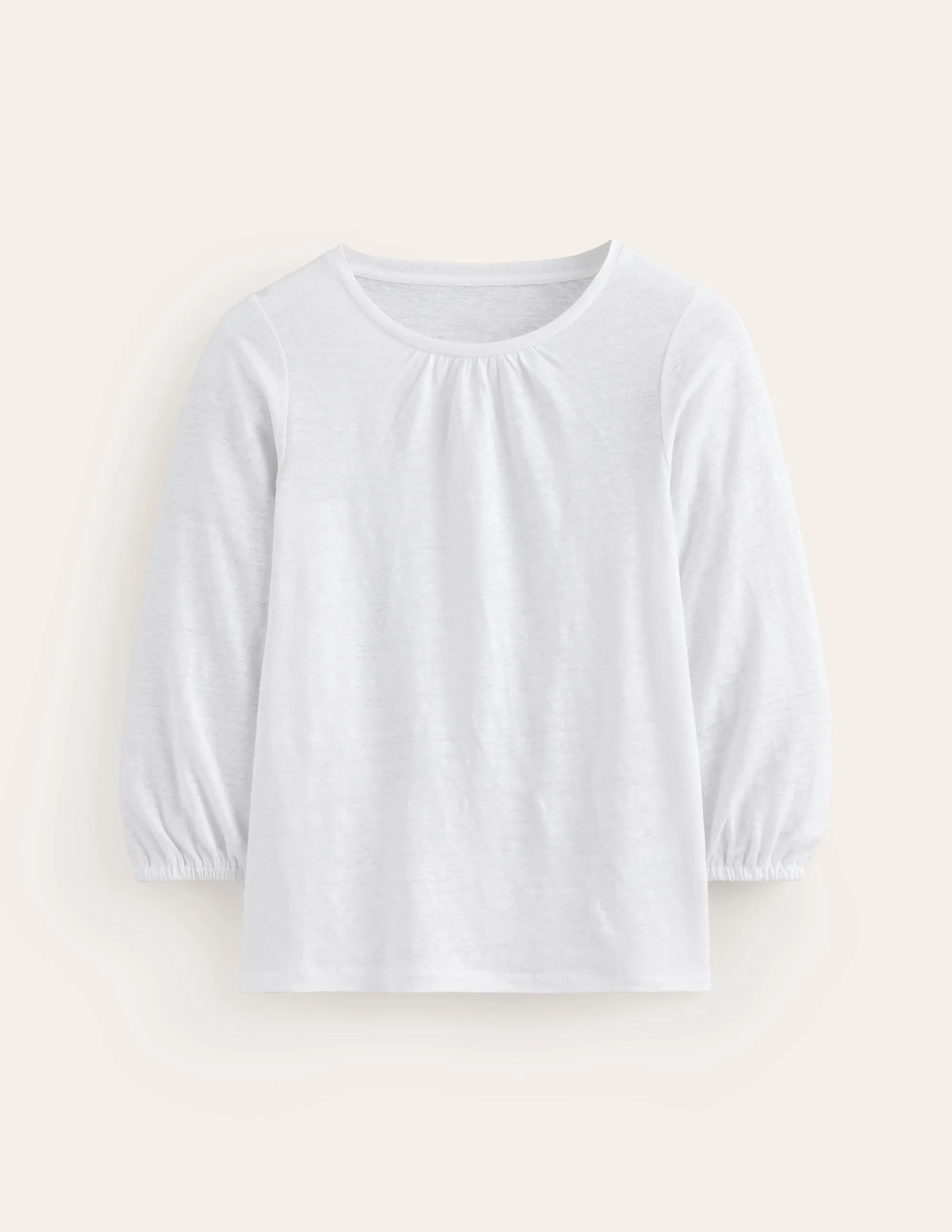 Gathered Neck Linen Jersey Top-White