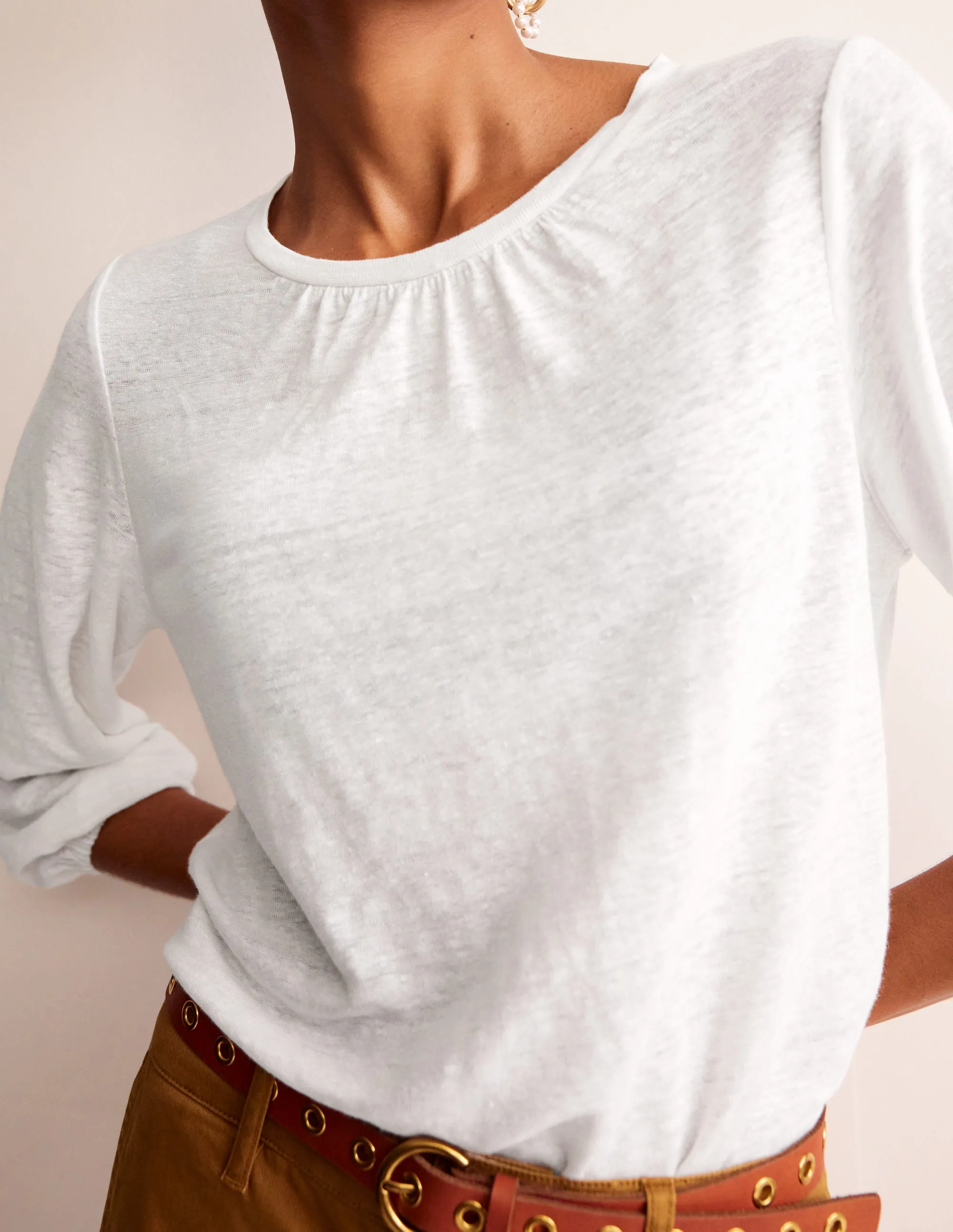 Gathered Neck Linen Jersey Top-White