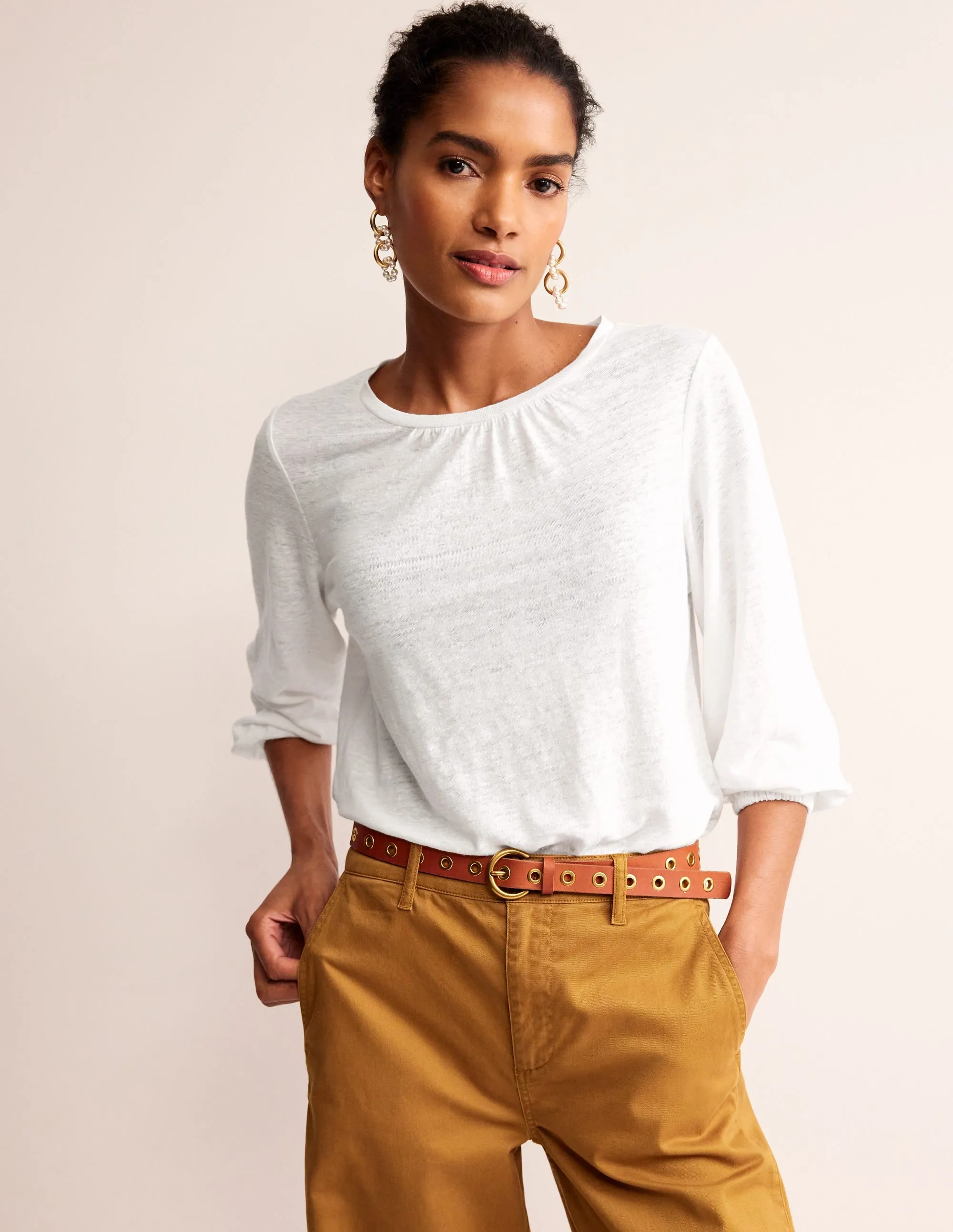 Gathered Neck Linen Jersey Top-White