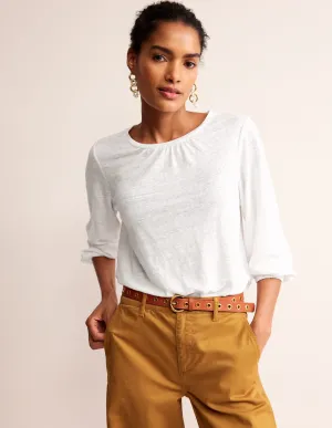 Gathered Neck Linen Jersey Top-White