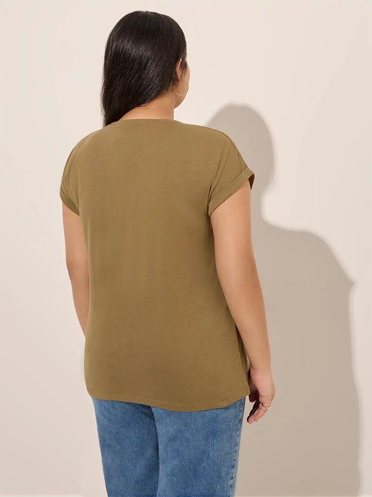 Gia Olive Floral Embroidered Cotton T-Shirt