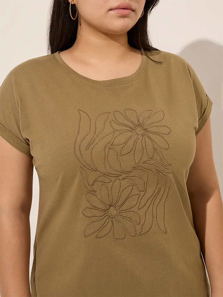 Gia Olive Floral Embroidered Cotton T-Shirt