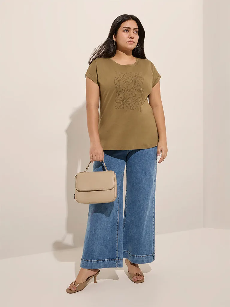 Gia Olive Floral Embroidered Cotton T-Shirt