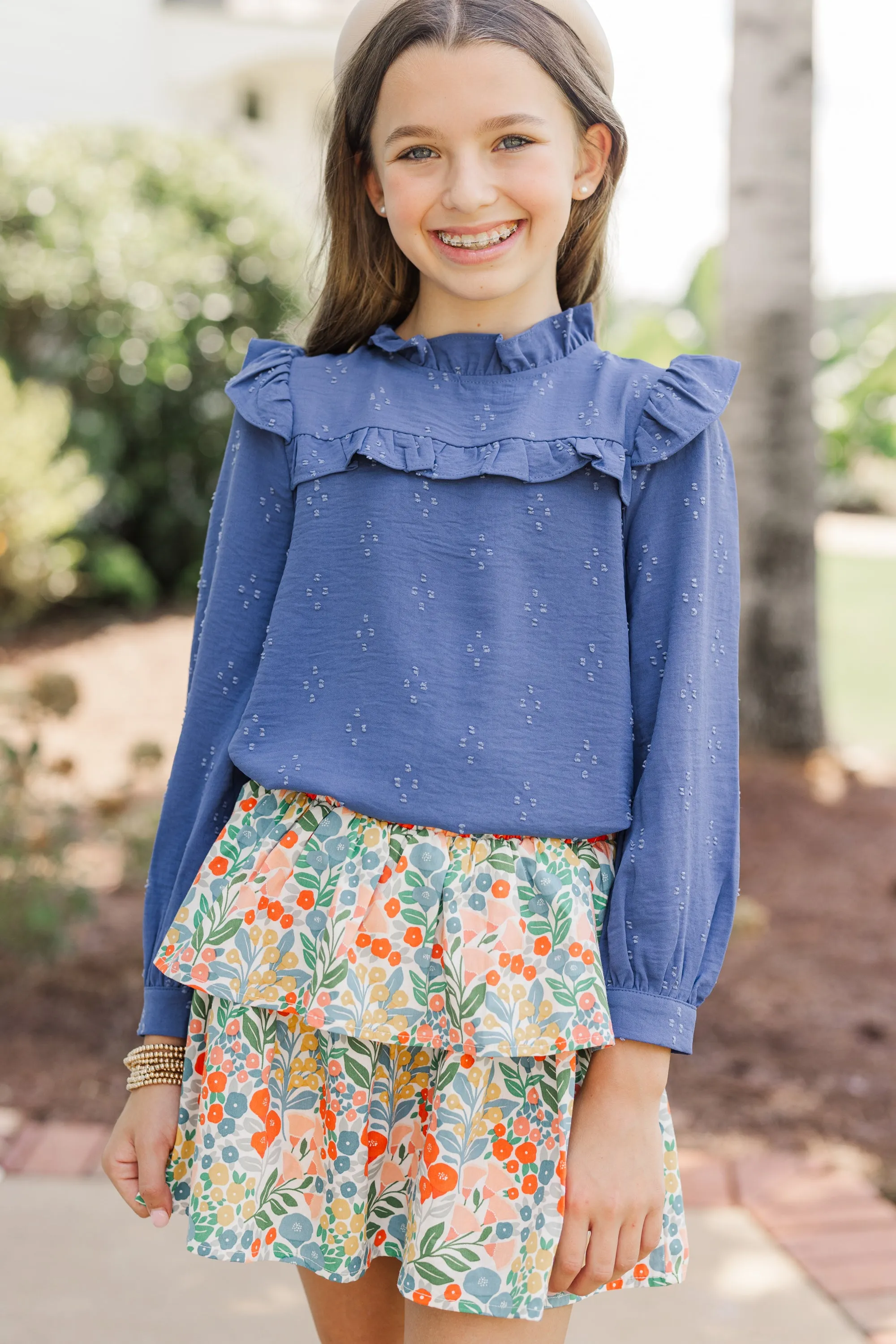 Girls: The Emily Denim Blue Ruffled Blouse