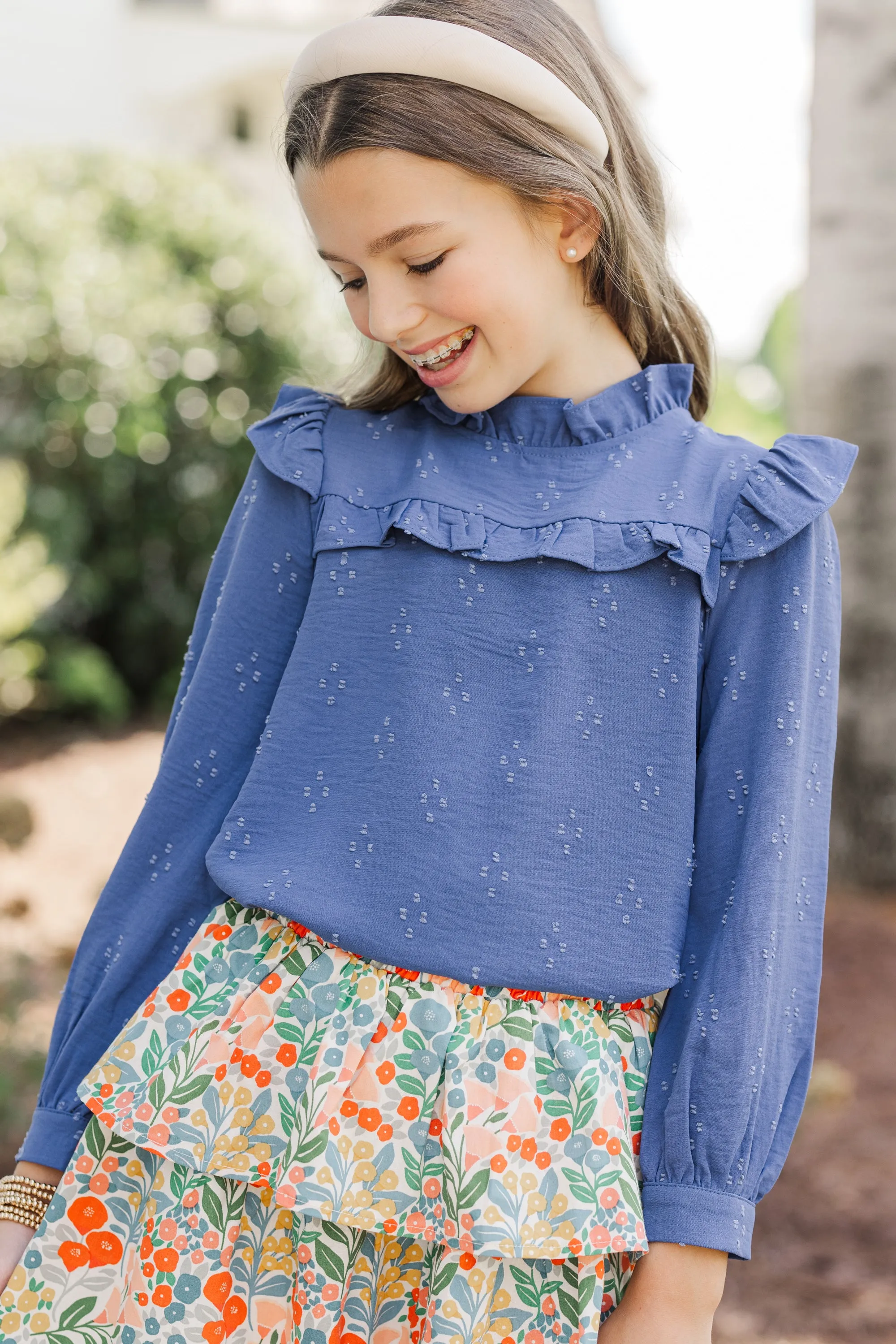 Girls: The Emily Denim Blue Ruffled Blouse