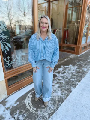 Give Me Classic Striped Button Down Top-Ocean Blue