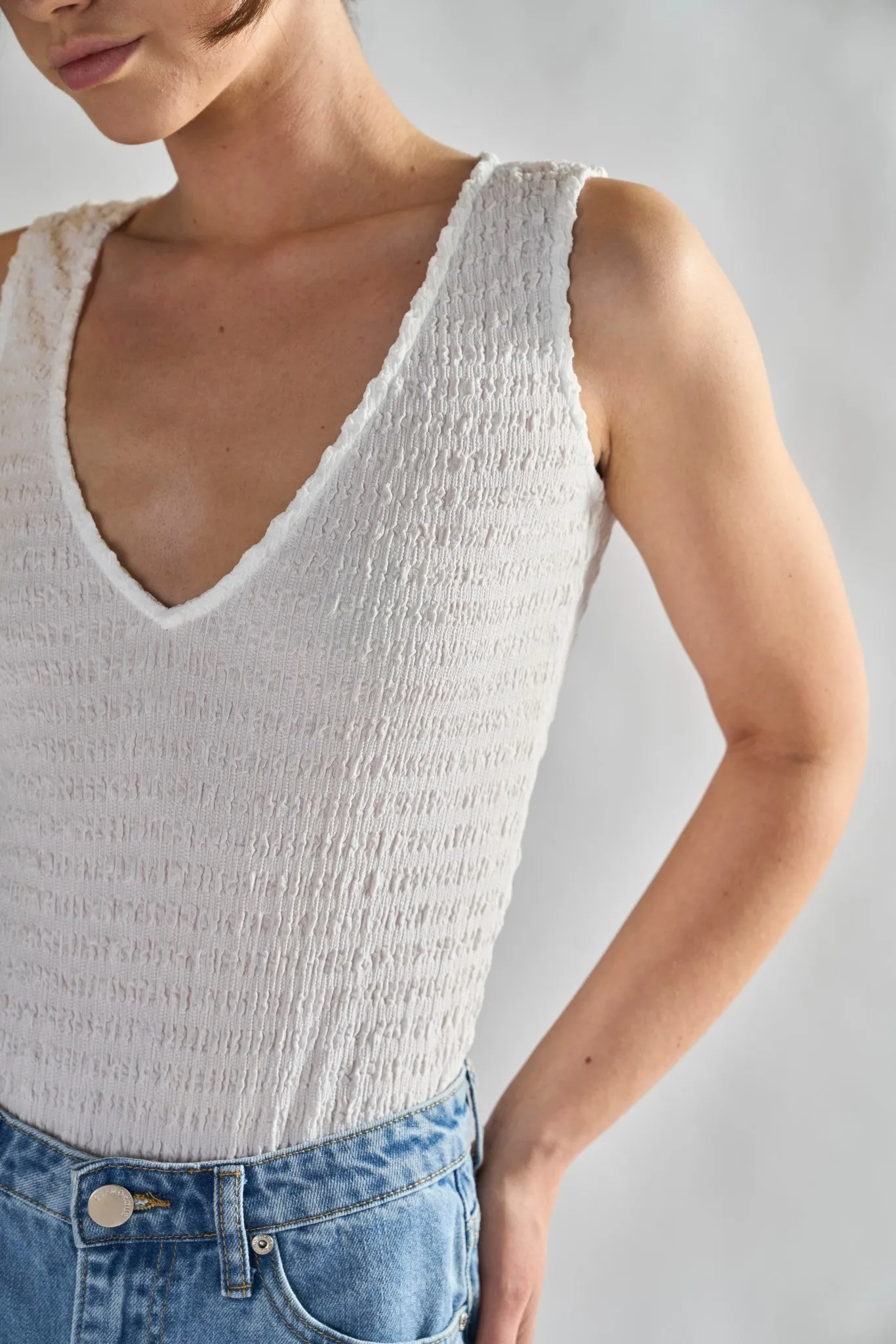 Glamorous White Textured V- Neck Bodysuit