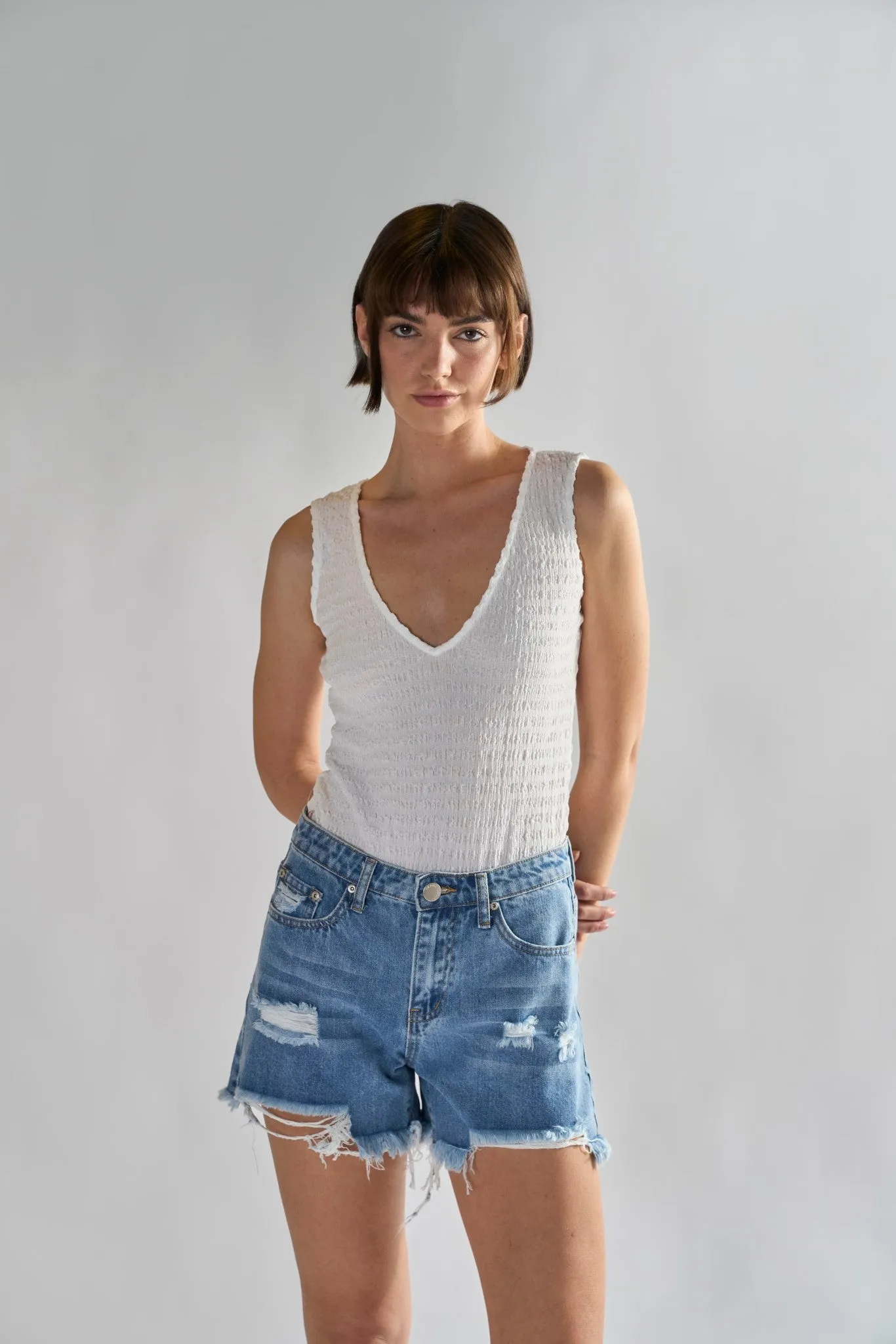 Glamorous White Textured V- Neck Bodysuit