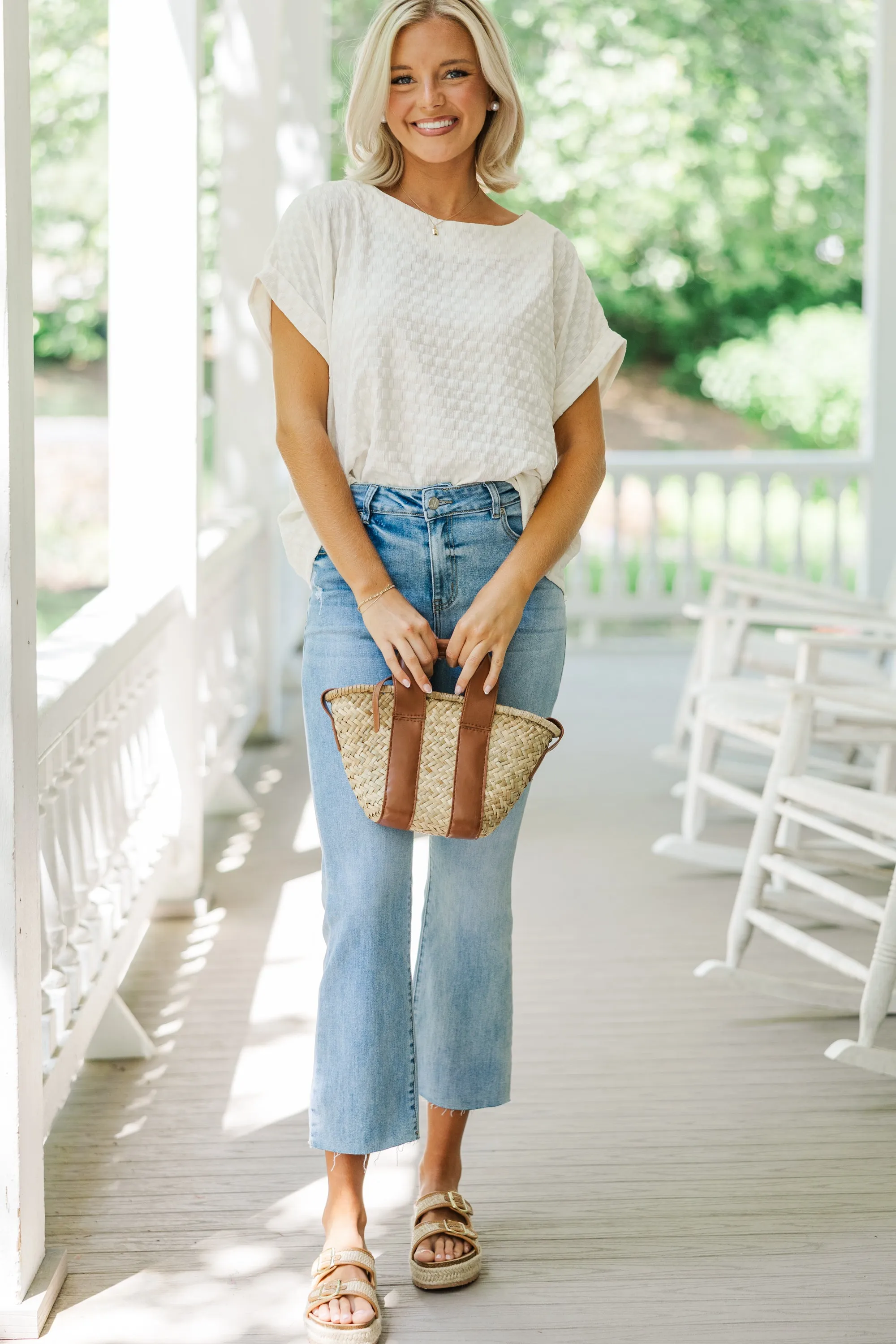 Going Well Cream White Textured Top