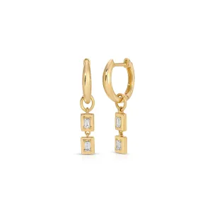 Gold Frame Double Baguette Diamond Huggie Charm on Gold Dome Huggie Earring