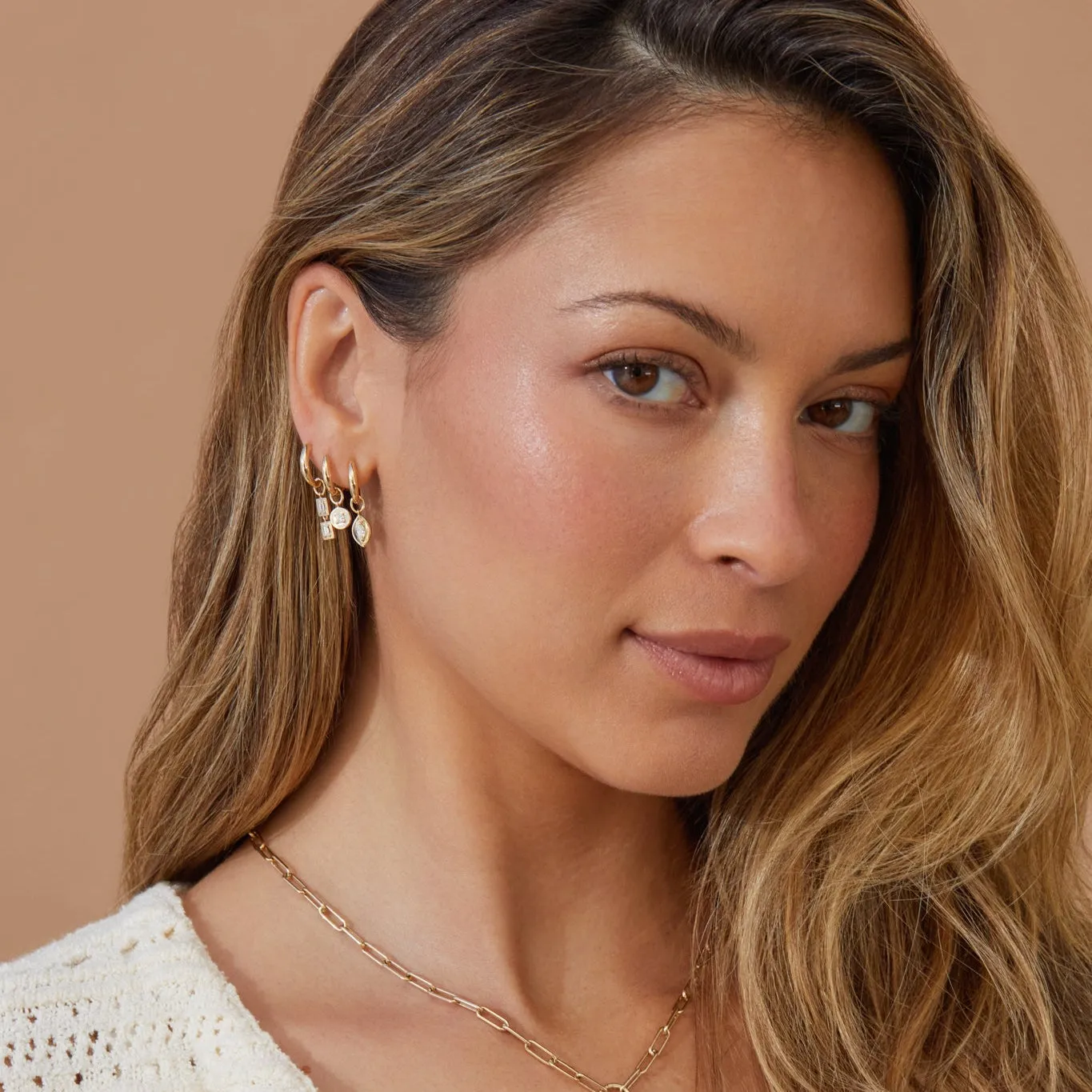 Gold Frame Double Baguette Diamond Huggie Charm on Gold Dome Huggie Earring