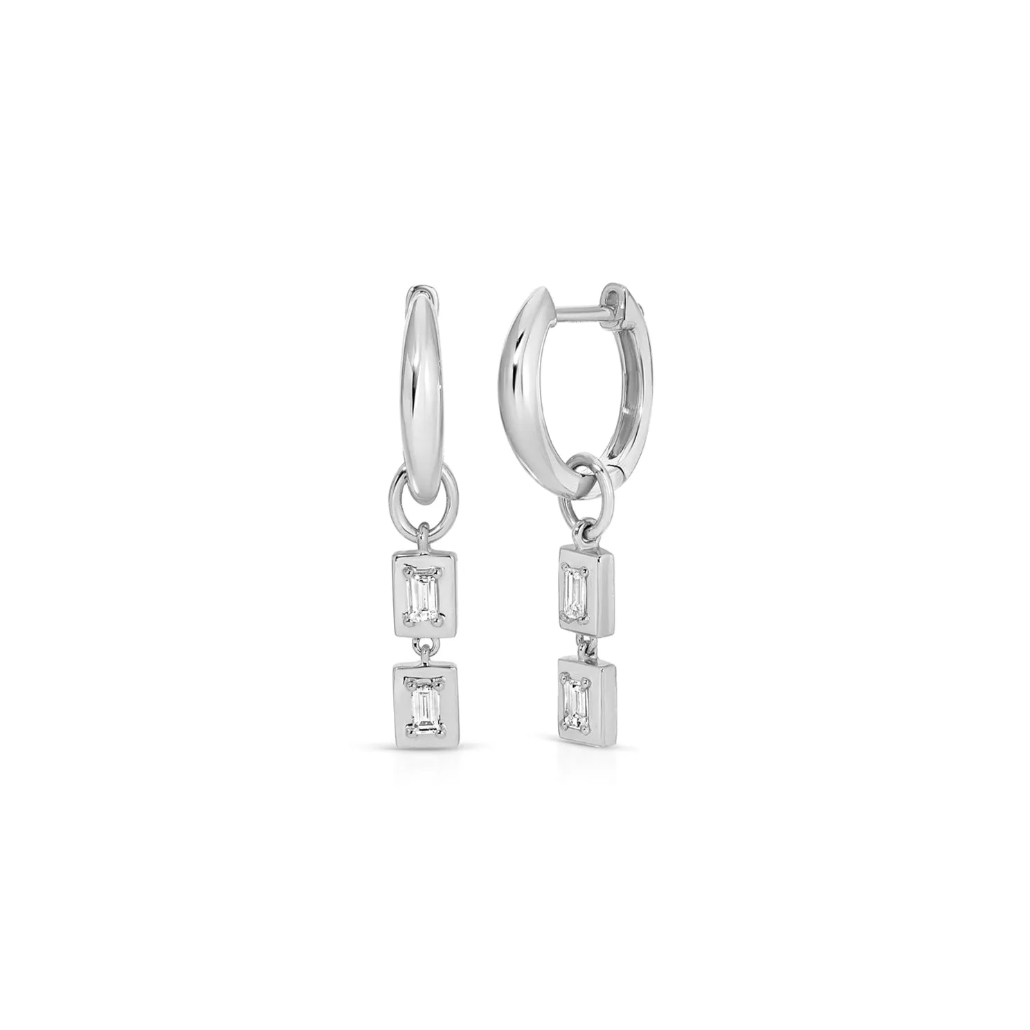 Gold Frame Double Baguette Diamond Huggie Charm on Gold Dome Huggie Earring