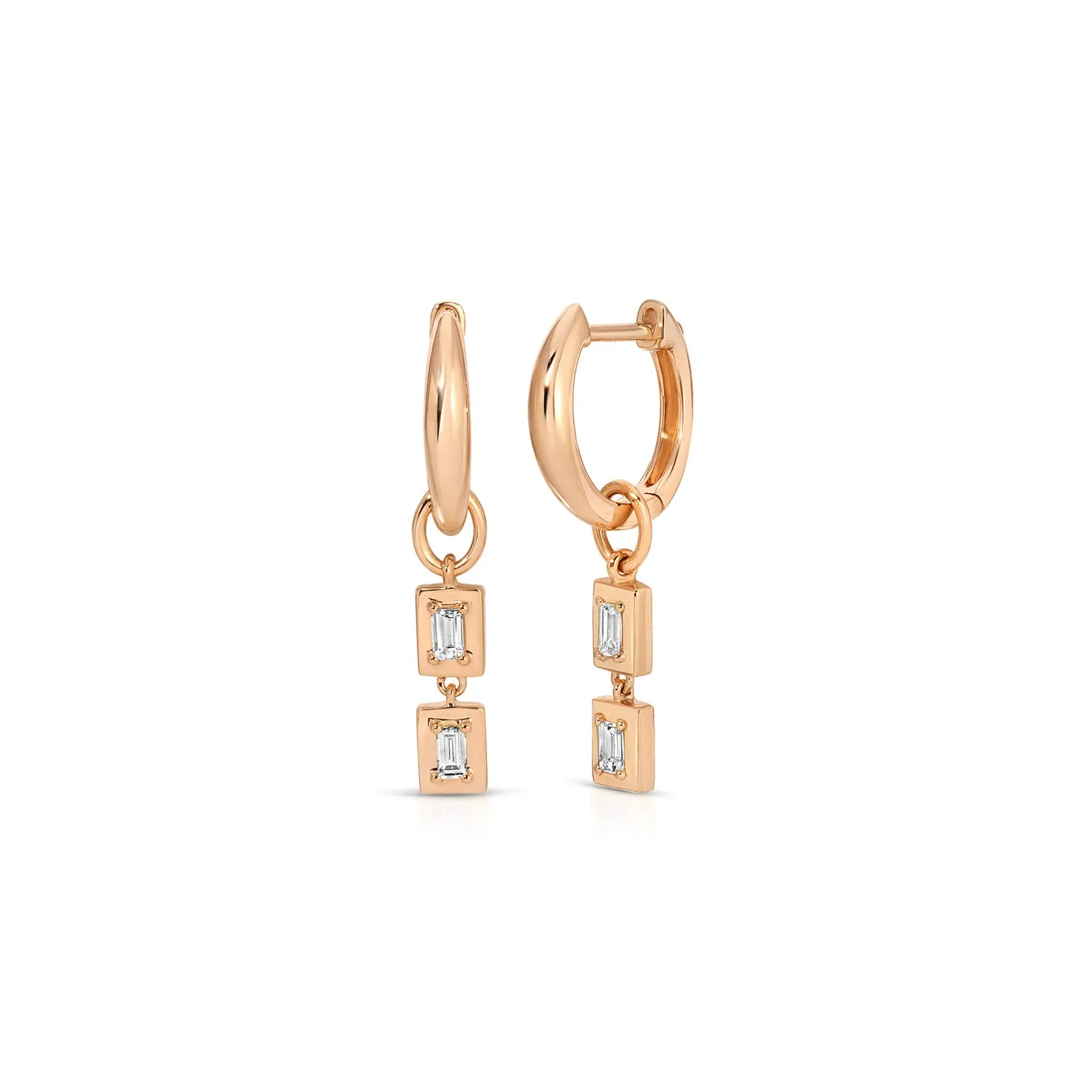 Gold Frame Double Baguette Diamond Huggie Charm on Gold Dome Huggie Earring
