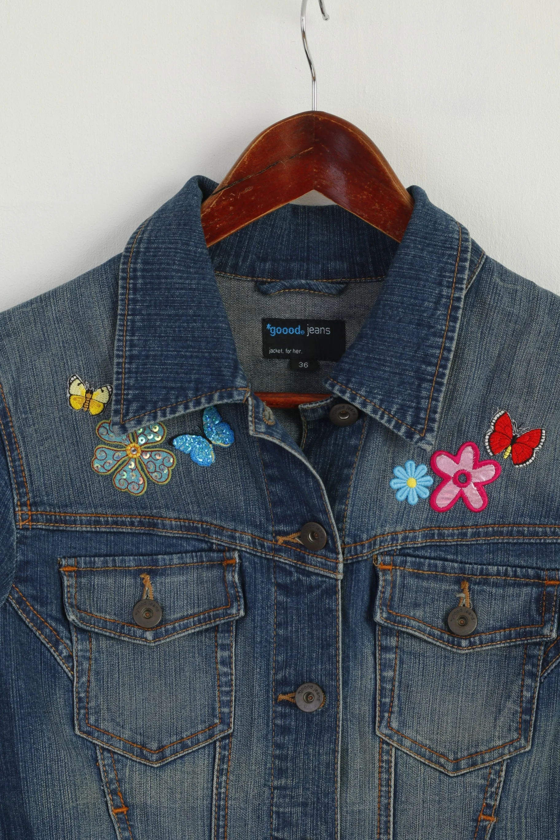 Goood Jeans Women 36 XS Jacket Blue Denim Emroidered Stretch Lovely Top