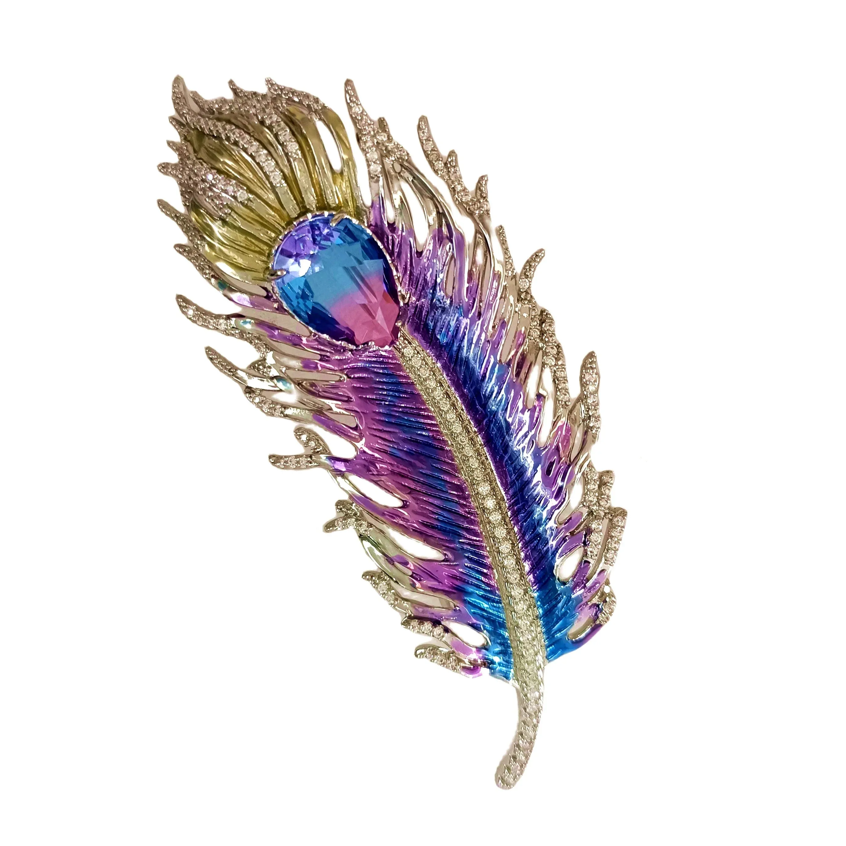 Gorgeous Gold Tone Blue Purple Enamel Peacock Feather Brooch Pin with AB Tear Stone