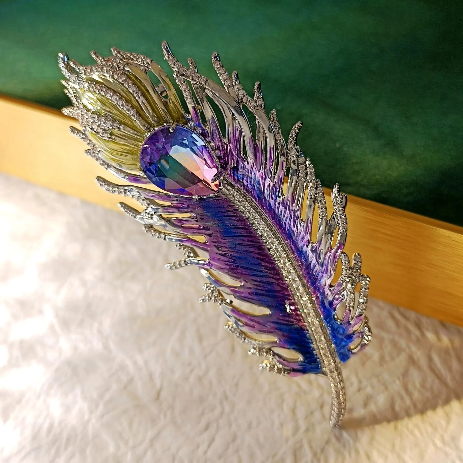 Gorgeous Gold Tone Blue Purple Enamel Peacock Feather Brooch Pin with AB Tear Stone