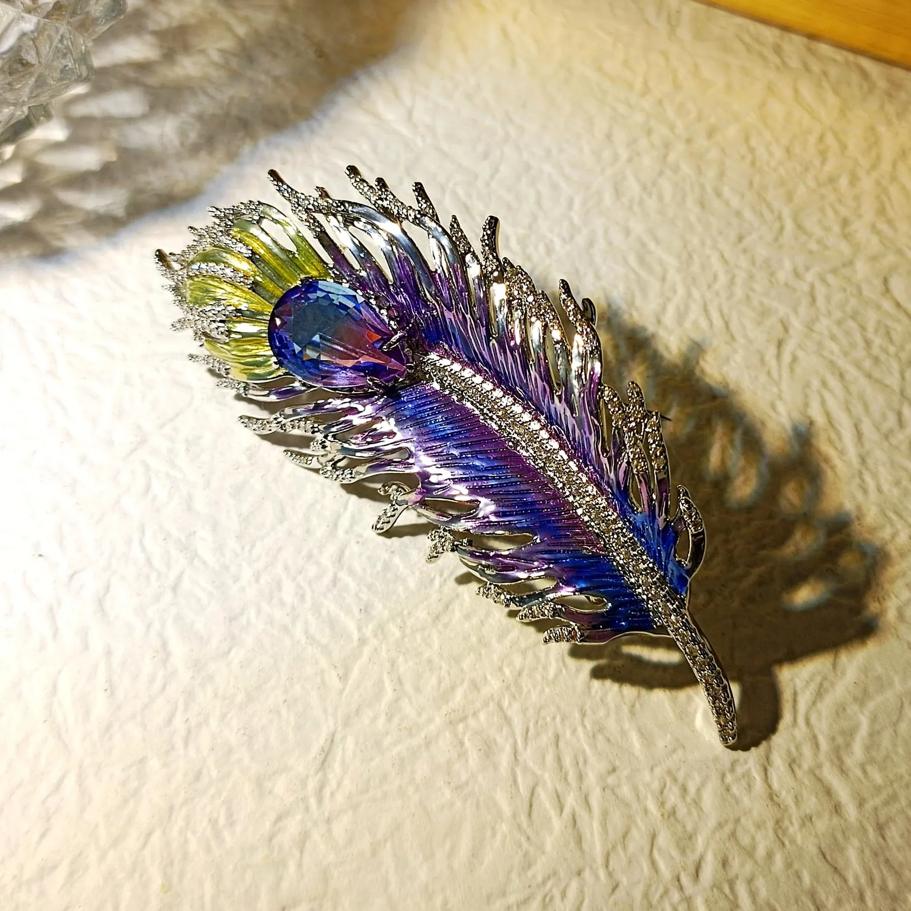 Gorgeous Gold Tone Blue Purple Enamel Peacock Feather Brooch Pin with AB Tear Stone