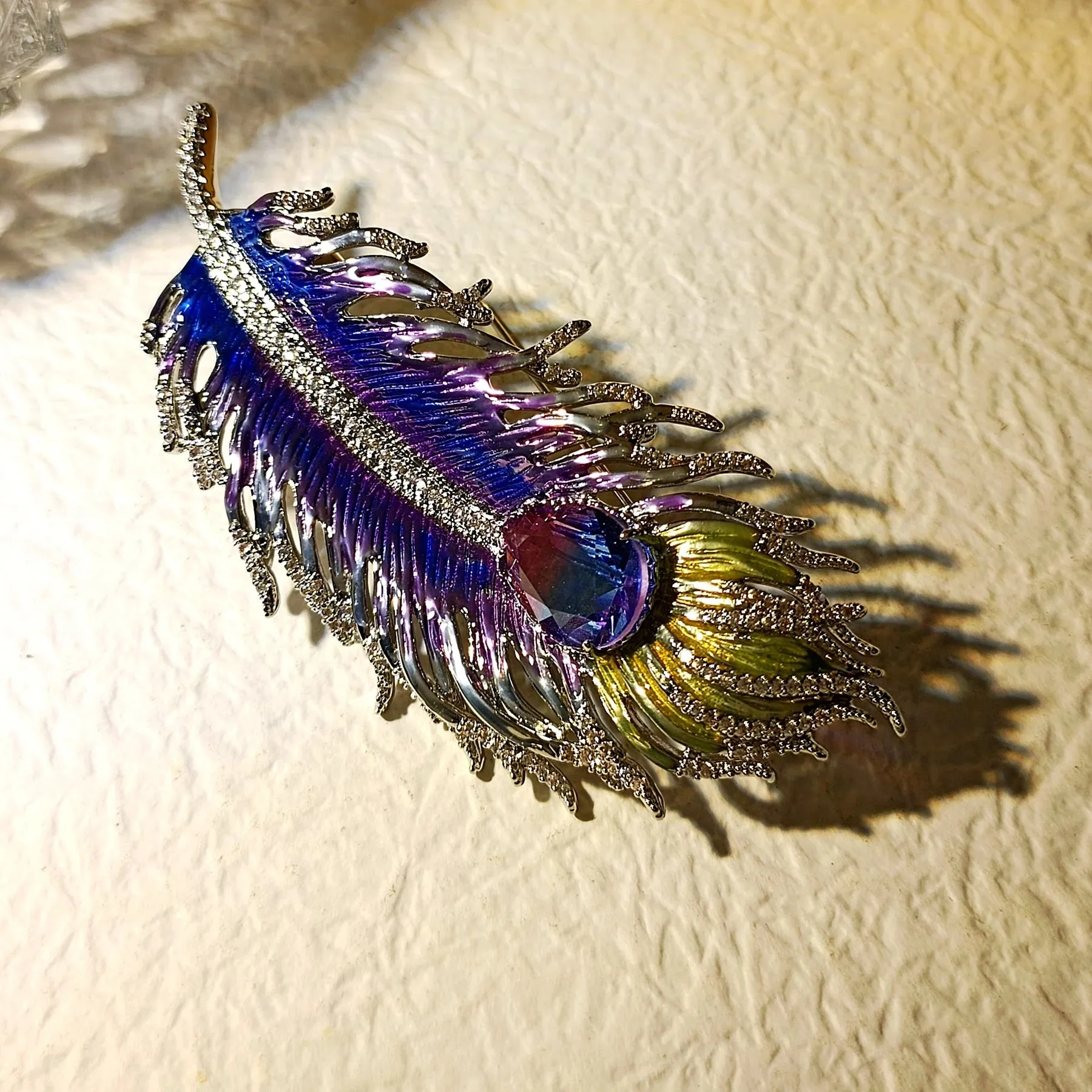 Gorgeous Gold Tone Blue Purple Enamel Peacock Feather Brooch Pin with AB Tear Stone