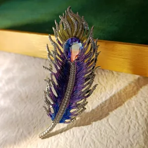 Gorgeous Gold Tone Blue Purple Enamel Peacock Feather Brooch Pin with AB Tear Stone