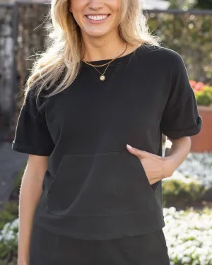 Grace and Lace Washed French Terry Short Sleeve Sweatshirt in Washed Black