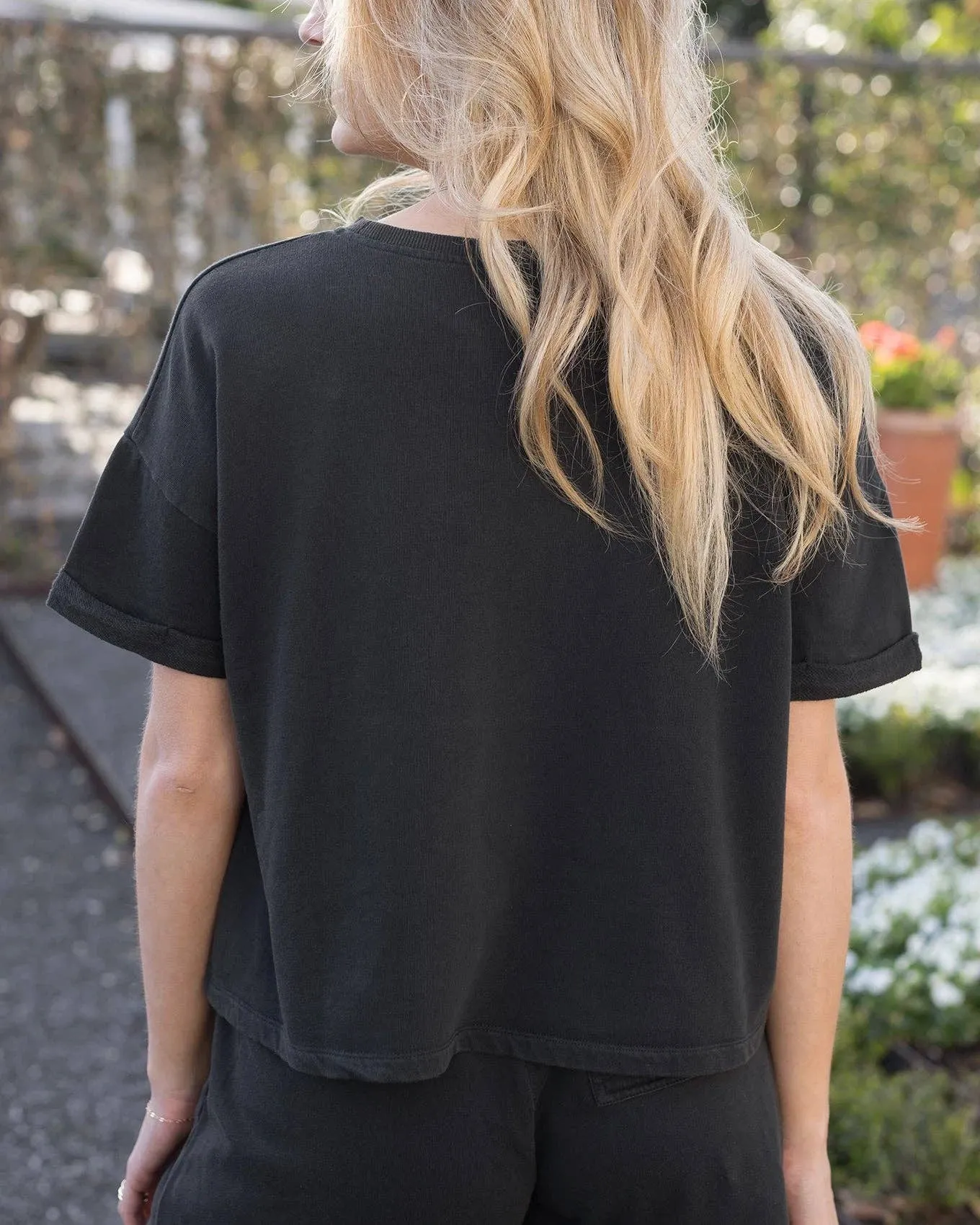 Grace and Lace Washed French Terry Short Sleeve Sweatshirt in Washed Black