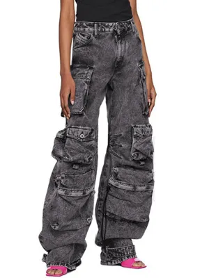 Graue Gewaschene Cargo Jeans mit Zerrissenen Details und Taschen