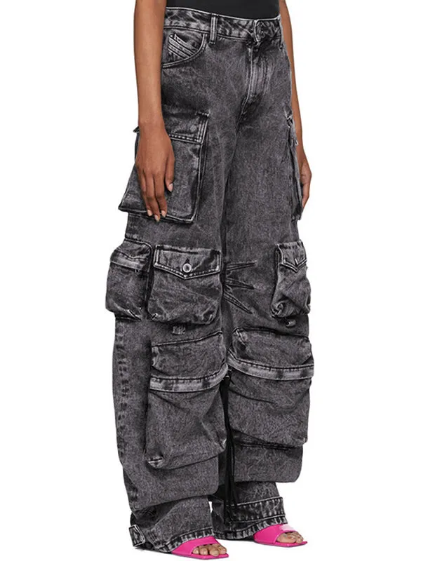 Graue Gewaschene Cargo Jeans mit Zerrissenen Details und Taschen
