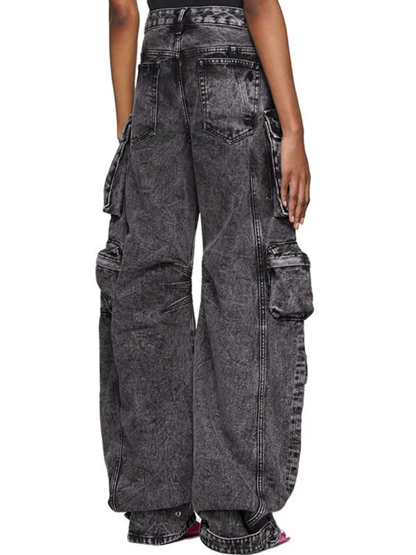 Graue Gewaschene Cargo Jeans mit Zerrissenen Details und Taschen