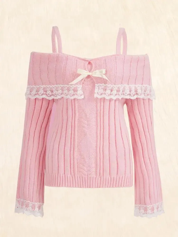 Grunge Aesthetics Pink Pullover Sweet y2k Vintage Off Shoulder Knit Sweater Long Sleeve Bow Lace Patchwork Jumpers Streetwear