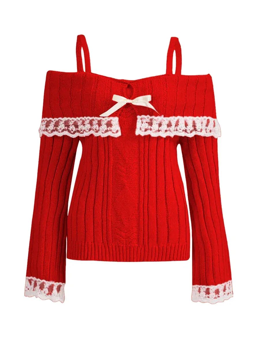 Grunge Aesthetics Pink Pullover Sweet y2k Vintage Off Shoulder Knit Sweater Long Sleeve Bow Lace Patchwork Jumpers Streetwear