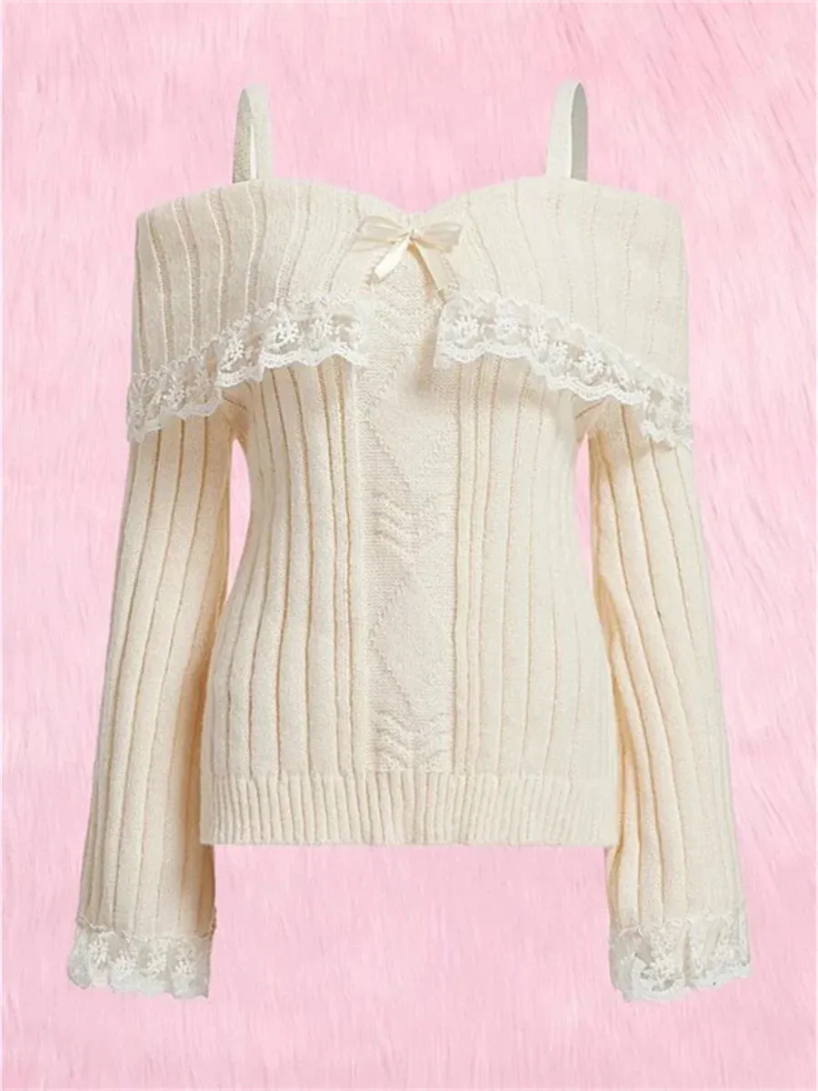 Grunge Aesthetics Pink Pullover Sweet y2k Vintage Off Shoulder Knit Sweater Long Sleeve Bow Lace Patchwork Jumpers Streetwear