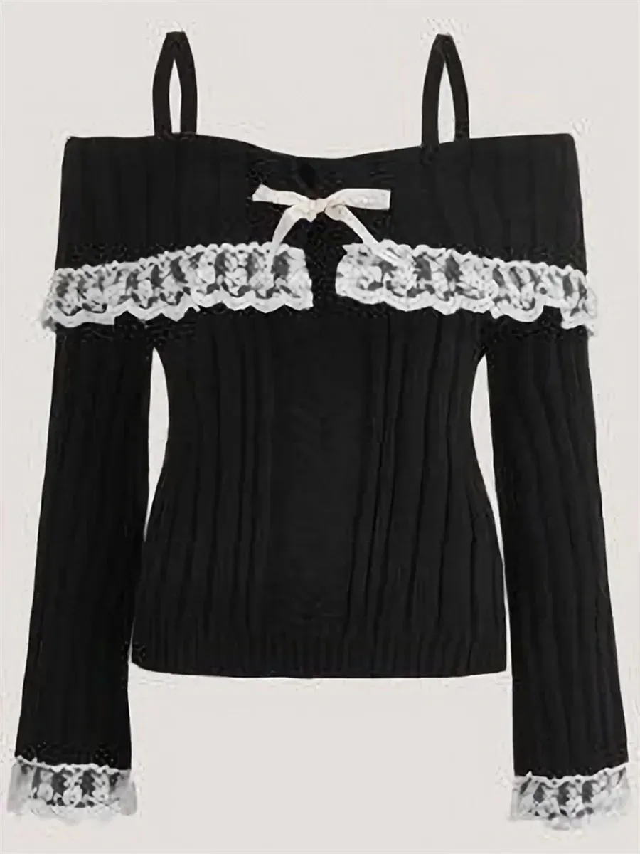 Grunge Aesthetics Pink Pullover Sweet y2k Vintage Off Shoulder Knit Sweater Long Sleeve Bow Lace Patchwork Jumpers Streetwear