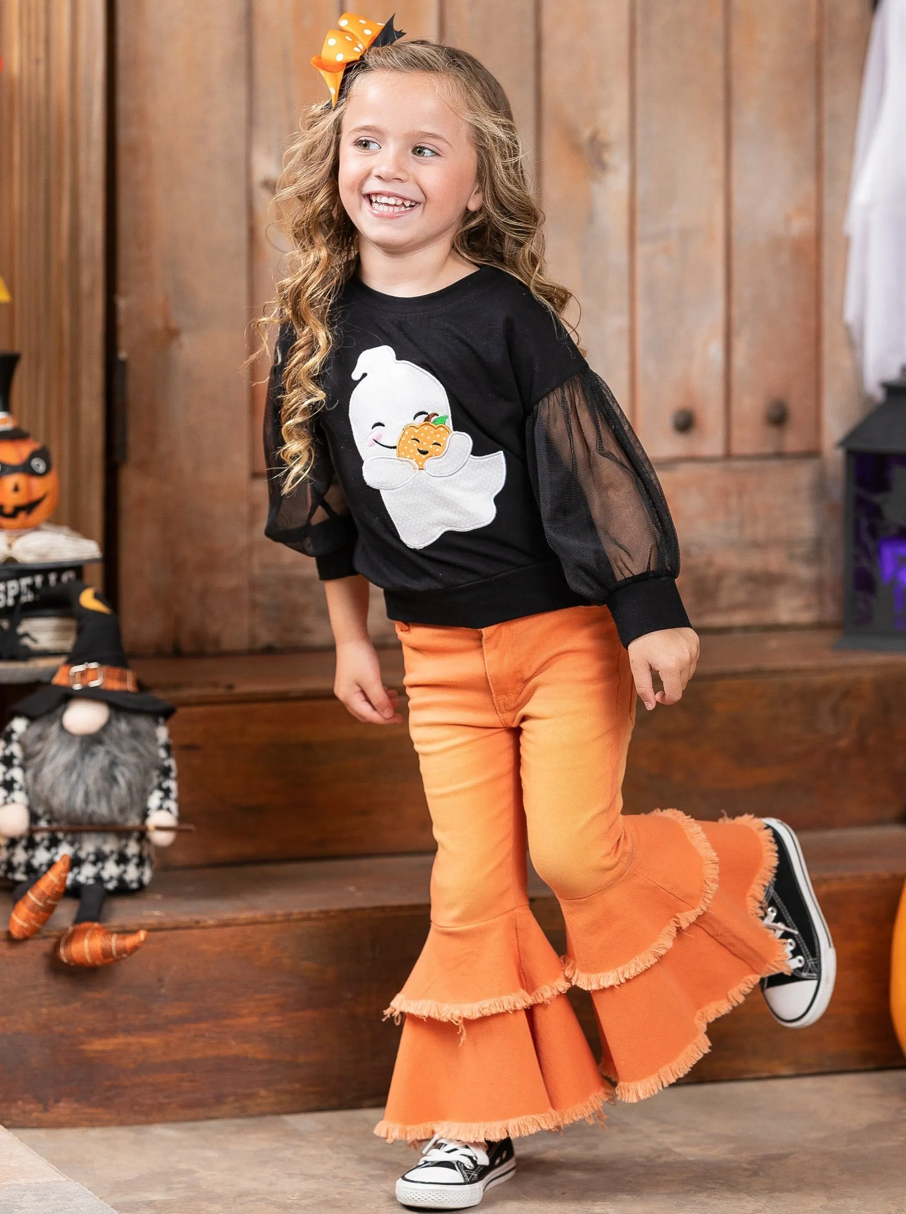 Haunting For Hugs Tulle Sleeve Top and Bell Bottom Jeans Set