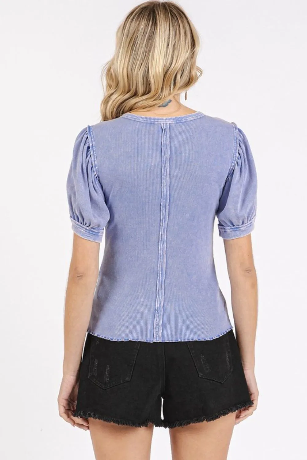 Hazel Blues® |  Mittoshop Mineral Wash Puff Sleeve Rib Knit Top