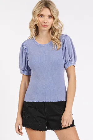 Hazel Blues® |  Mittoshop Mineral Wash Puff Sleeve Rib Knit Top