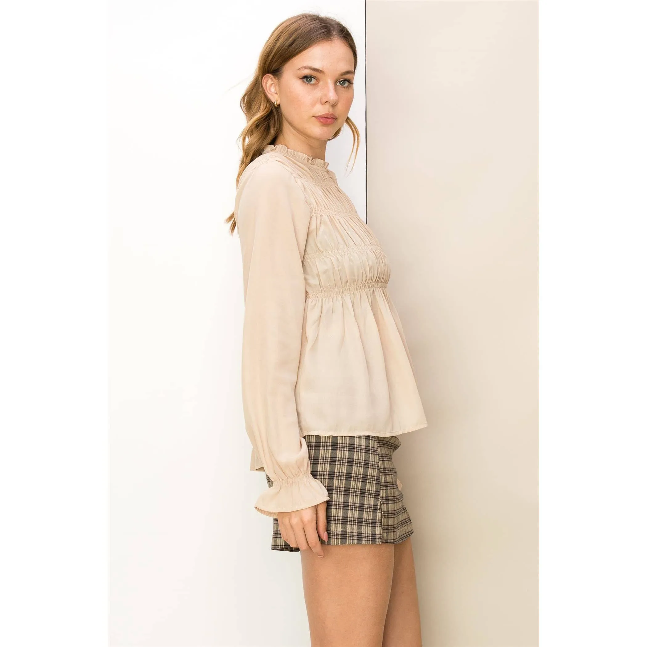 High Neck Smocked Blouse