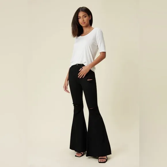 High Rise Distressed Ultra Flare Bell Bottom Jeans - Vibrant M.i.U