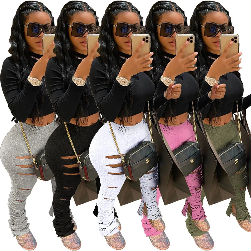 High Waist Ripped Fabric Gathered Pants