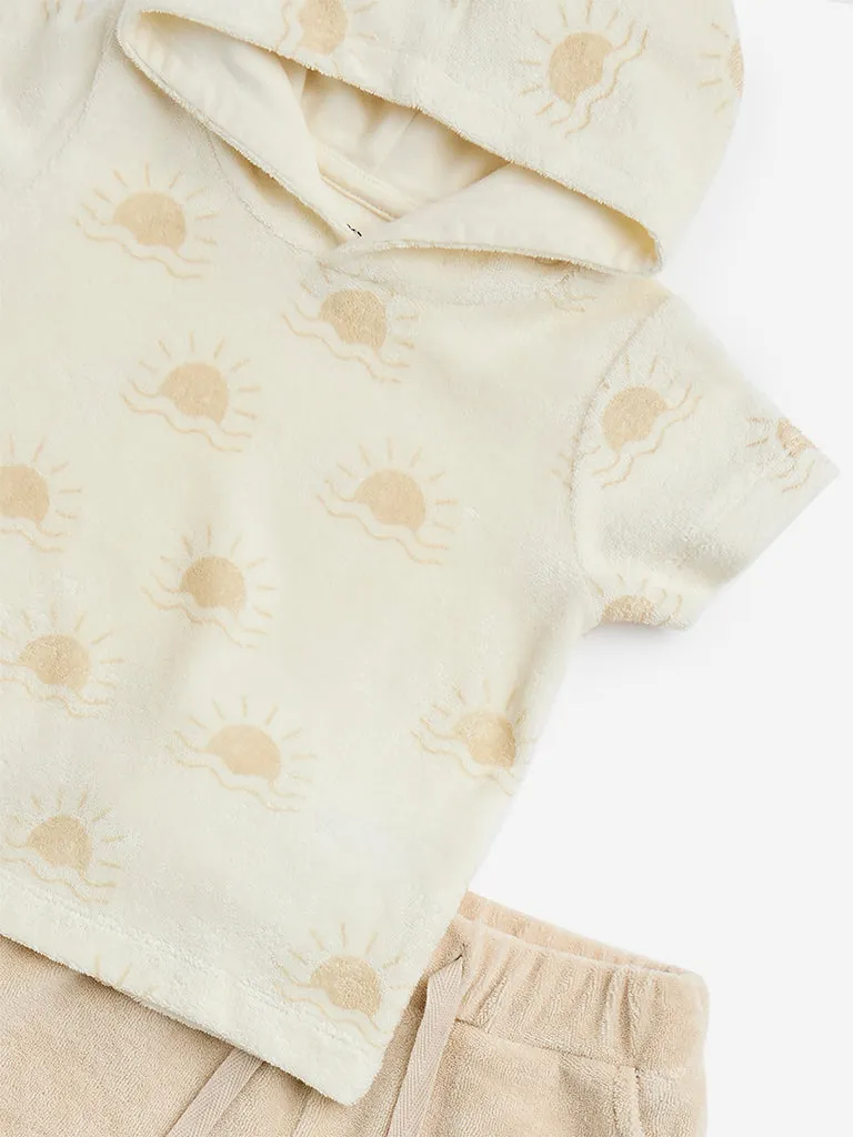 HOP Baby Beige Printed Cotton-Blend Hoodie with Shorts Set