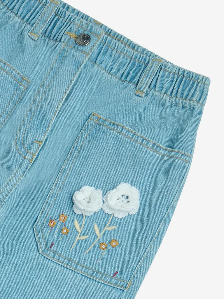 HOP Kids Light Blue Floral Design Relaxed - Fit High - Rise Jeans