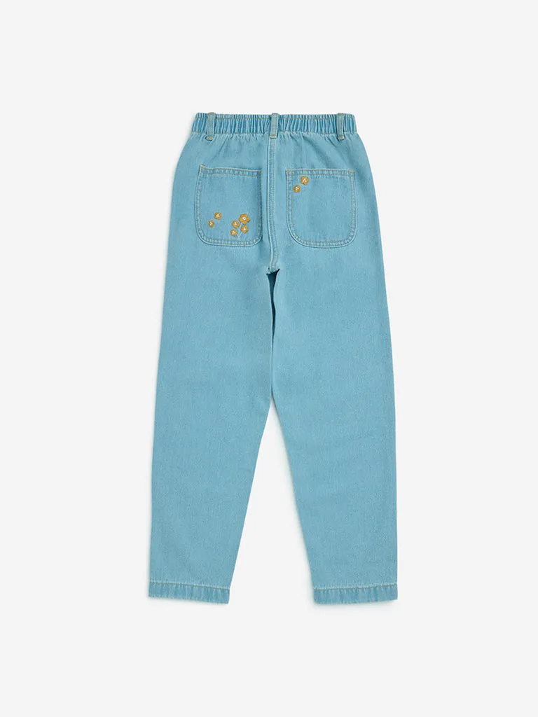 HOP Kids Light Blue Floral Design Relaxed - Fit High - Rise Jeans