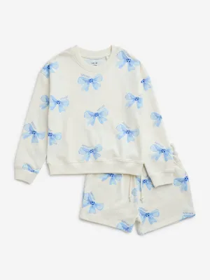 HOP Kids Off-White Bow Printed Cotton-Blend Sweatshirt and Shorts Set