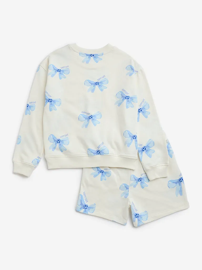 HOP Kids Off-White Bow Printed Cotton-Blend Sweatshirt and Shorts Set