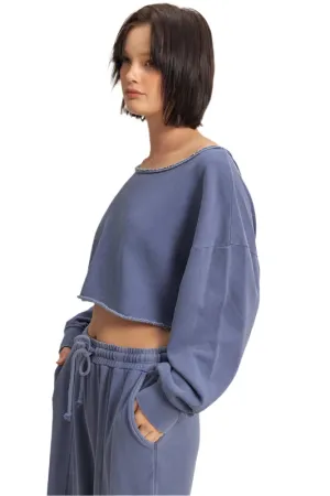 HYFVE Frayed Detail Boat Neck Long Sleeve Crop Top