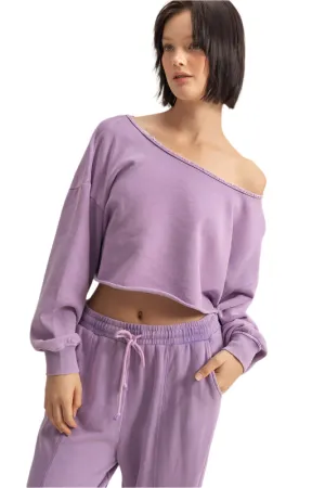 HYFVE Frayed Detail Boat Neck Long Sleeve Crop Top