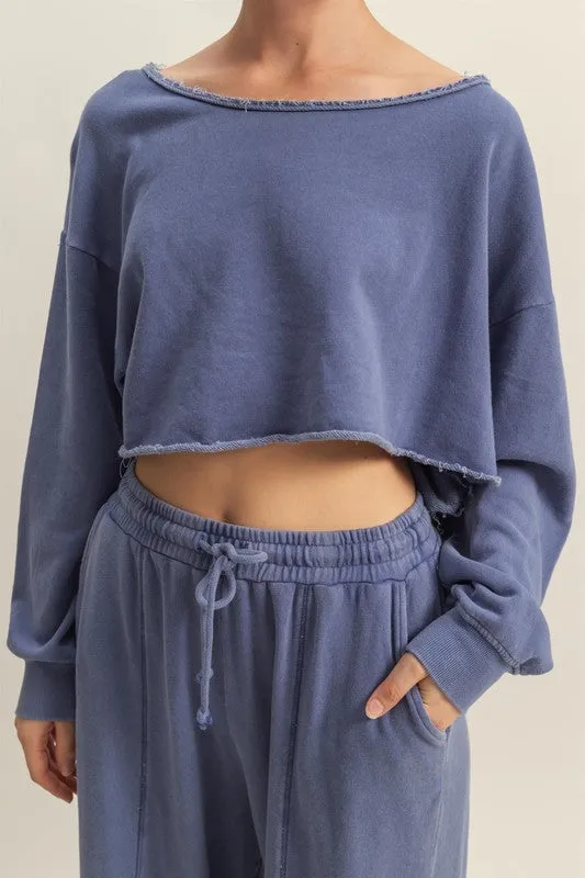 HYFVE Frayed Detail Boat Neck Long Sleeve Crop Top