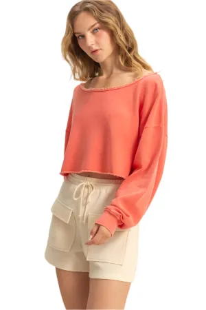 HYFVE Frayed Detail Boat Neck Long Sleeve Crop Top