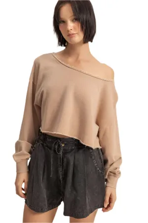 HYFVE Frayed Detail Boat Neck Long Sleeve Crop Top